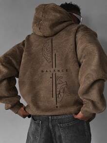 Men's Loose Drop Shoulder Distressed Washed Hoodie Sweatshirt, Autumn/Winter Brain & Heart Line Print Vintage Kangaroo Pocket Pullover - Brown - View 4
