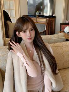 Women's Versatile Chic Fall Winter Solid Square Neck Slim Fit Top, Bow Cutout Design Long Sleeve Base Layer For Dating, Travel, Daily - Apricot - View 6