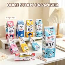 1/4/12pcs PU Leather Milk Carton Shaped Pencil Case, Novelty Design Stationery Storage Bag, Portable Zipper Pouch , Unique Cosmetic Organizer For Daily Use, Fun Cartoon Print Multi-Purpose Storage Pouch, Ideal For Office & Travel Organization,Random - Milk Carton Pencil Case Series - View 2