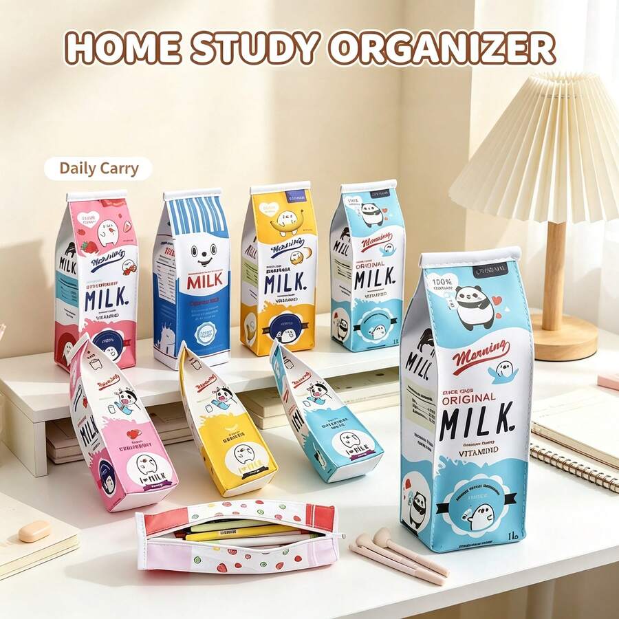 1/4/12pcs PU Leather Milk Carton Shaped Pencil Case, Novelty Design Stationery Storage Bag, Portable Zipper Pouch , Unique Cosmetic Organizer For Daily Use, Fun Cartoon Print Multi-Purpose Storage Pouch, Ideal For Office & Travel Organization,Random