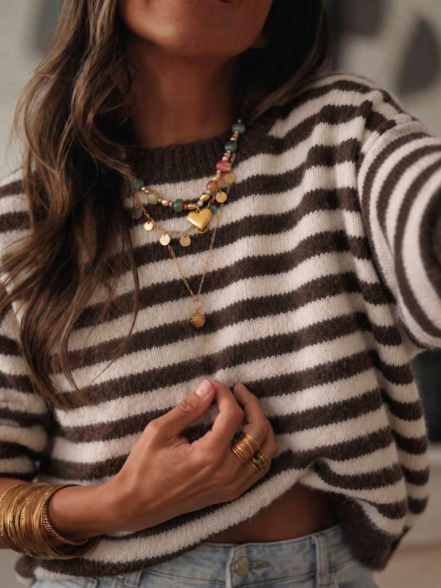 女款服飾,精美條紋長袖套頭毛衣上衣,優雅休閒,適合日常穿著與度假,春季、秋季、冬季 - 咖啡棕 - 查看 1