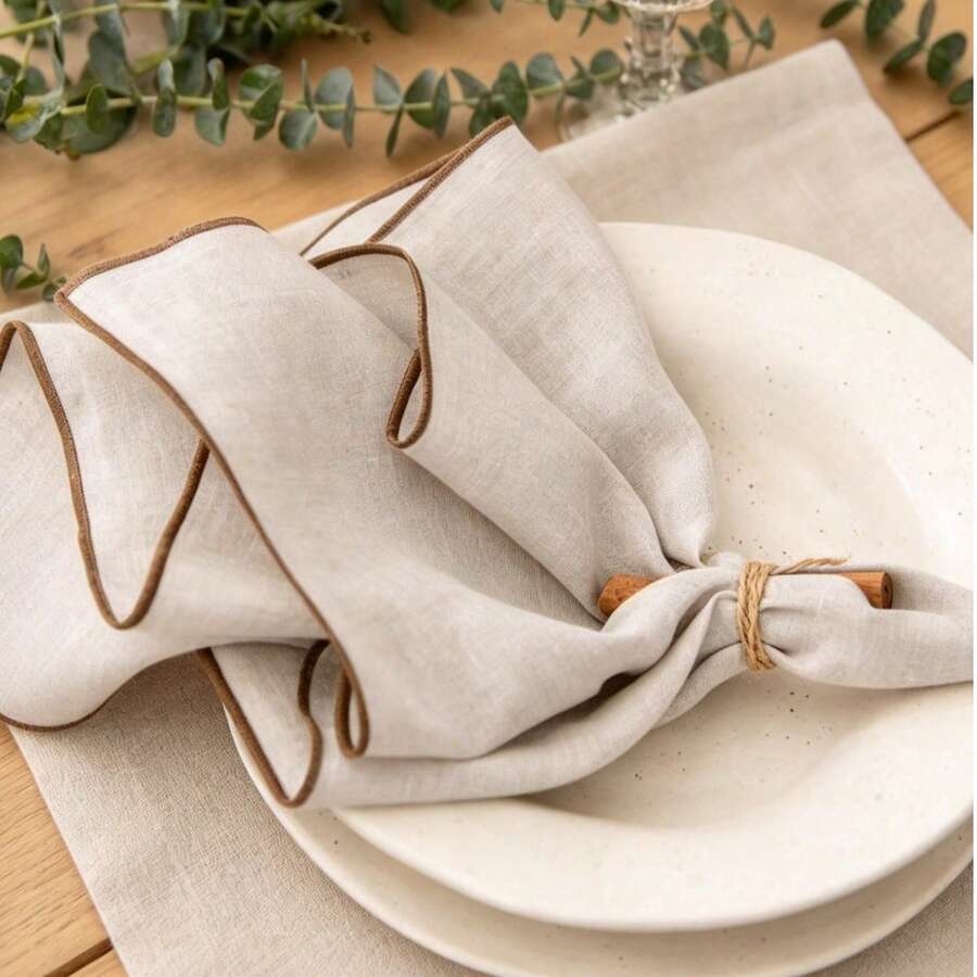1pc Minimalist Style Linen Napkin With Beige Borders - Beige - View 1
