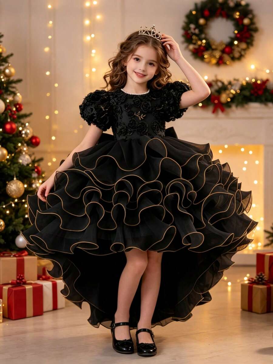 少女花卉泡泡蛋糕裙擺公主禮服,適合婚禮花童、生日派對、節日、伸展台、鋼琴演奏晚禮服 - 黑色 - 查看 1