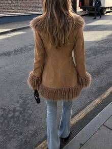 Street Romantic Women's Faux Fur Long Pile Mid-Length Coat, With Collar And Long Regular Sleeves, Essential Autumn/Winter Outdoor Faux Fur Jacket - Camel - View 9