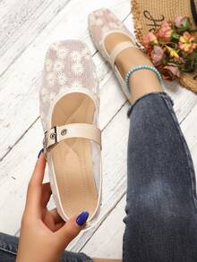 2026 Spring/Summer New Mesh Breathable Women's Square Toe Flat Ballet Shoes Beach Elegant Fashion Vacation Neutral - Apricot - View 2