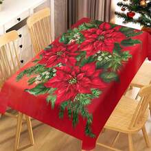 1pc Christmas Poinsettia Floral Holiday Print Tablecloth, Woven Polyester Square And Rectangular Tablecloth, Suitable For Home, Kitchen Decor, Holiday Party, Camping - Machine Woven - Multicolor - View 3