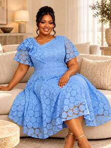 Elegant Plus Size Women Light Blue Floral Lace A Line Midi Dress Asymmetrical Neck Ruffle Short Sleeve Formal Church Wedding Guest Party Gown - Baby Blue - View 1