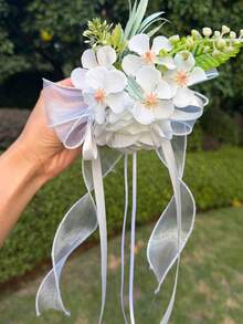 Wedding Car Decoration Flowers, Artificial Flower Bow Decoration For Door Handle And Rearview Mirror, Wedding Chair Decoration Bouquet - 2pcs - View 7