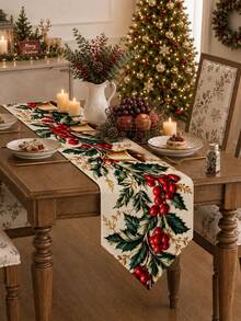1pc Christmas Style Poinsettia Printed Table Runner, Kitchen Decor, Christmas Home Decor, Christmas Decorations For Home, Microwave Dust Cover, Kitchen Decorative Tablecloth, Home Decor Table Runner, Party, Holiday Decorative Tablecloth, Fireplace Runner, Room Decor Bed Runner - Multicolor - View 2