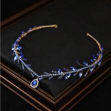 1pc Blue Crystal & Rhinestone Pendant Headband Gold Wire Princess Tiara Crown Bridal Wedding Party Hair Accessories - Blue - View 3
