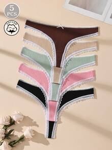 5pcs Multicolor Low Waist Lace Patchwork Bow Ribbed Sexy Women's Thong Seamless Elastic Comfortable Lingerie - Multicolor - View 1