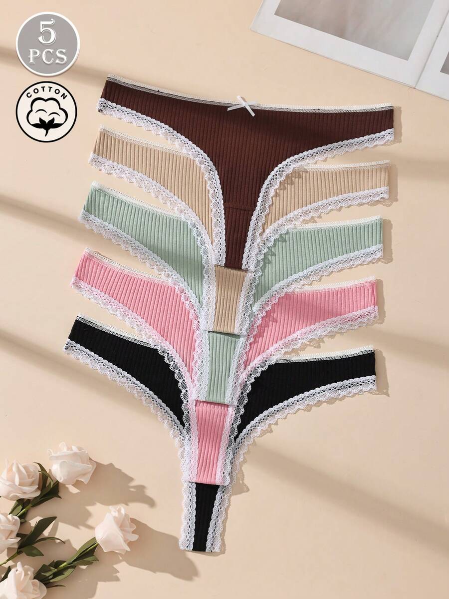 5pcs Multicolor Low Waist Lace Patchwork Bow Ribbed Sexy Women's Thong Seamless Elastic Comfortable Lingerie - Multicolor - View 1