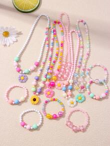 2Pcs Girls Flower Beaded Necklace Bracelet Set Random Color Kids Birthday Party Gift - Multicolor - View 8