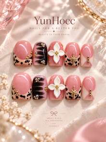 10Pcs Short Square Reusable Handmade Press On Nails, Pink Tone Leopard French Tips With Black Hand-Painted Brush Strokes & Gold Starburst Metal Charms, Sweet Cool False Nail Set, Perfect For Date, Party, Photoshoot & Daily Wear - Multicolor - View 1