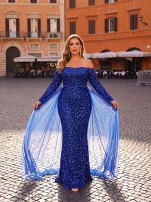 Plus Size Women's Charming Royal Blue Sequin Mesh Patchwork Straight Neck Long Sleeve Holiday Evening Party Gown - Blue - View 2