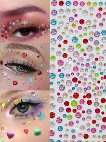 Approx. 700pcs Rainbow 3D Glitter Gem Stickers, 5 Sheets Shiny Heart & Star Shaped Self-Adhesive Rhinestone Diamond Design Stickers, Suitable For Makeup And Clothing, Multi-Color Diamond Face Gems, Perfect For Valentine's Day, Holidays, Parties And Events - Multicolor - View 6