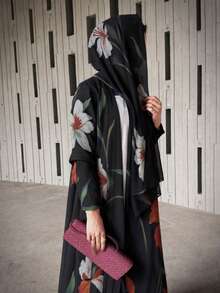Hafizah New Women Printed Cardigan Jacket, Fashionable Abaya Robe With Headscarf Black Spring Fall - Black - View 5