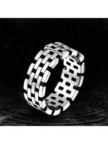 1pc Vintage Minimalist Hollow-Out Chain Ring For Men, Personalized Finger Ring - Multicolor - View 7
