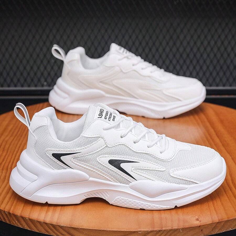 Men's Mesh Thick Sole Athletic Shoes, Lace-Up Lightweight Running Casual Shoes - White - View 1