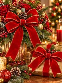 Christmas DIY Decoration Ribbon With Flocked Trim 2 Yards, Gold Edge Red Flocked Ribbon, Christmas Tree Wreath Decoration, Bow Christmas Tree, Gift Wrapping DIY Material Flocked Flocked Ribbon, Christmas Decoration Ribbon (No Paper Spool) - Gold-trimmed Red - View 5