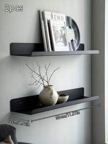 2Pcs Minimal Black Metal Floating Wall Shelf, One‑Piece Iron Wall Mount Display Rack, Raised Lip Edge Storage Shelving For Bedroom Bathroom Kitchen Home Decor - Multicolor - View 13
