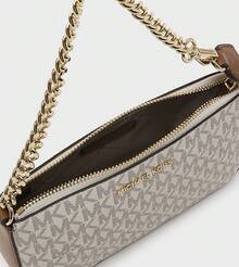 Michael Kors MK Jet Set 中號經典標誌手拿包，時尚金屬鏈條女款單肩包，拉鍊方型手提包錢包，適合購物、旅行與日常穿搭 - 白棕色 - 查看 8
