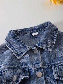 1pc Girls' Elegant Floral Pattern Decorated Faux Pocket Design Long Sleeve Jacket, Autumn - Medium Wash - View 3
