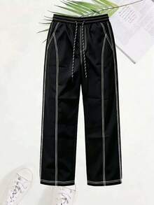 Men's Contrast Stitching Drawstring Elastic Waist Wide Leg Outdoor Sports Pants, Loose Casual Long Pants - Black - View 7