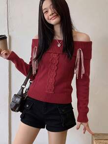 Women's Autumn/Winter Off-Shoulder Contrast Lace Plaid Bow Decor Fashion Sweater - Red - View 4