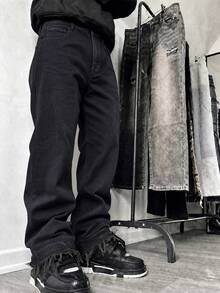 Men's Loose Wide Leg Washed Distressed Denim Jeans, Street Style Casual Versatile Raw Hem Straight Leg Jeans, All Season Wear - Black - View 1