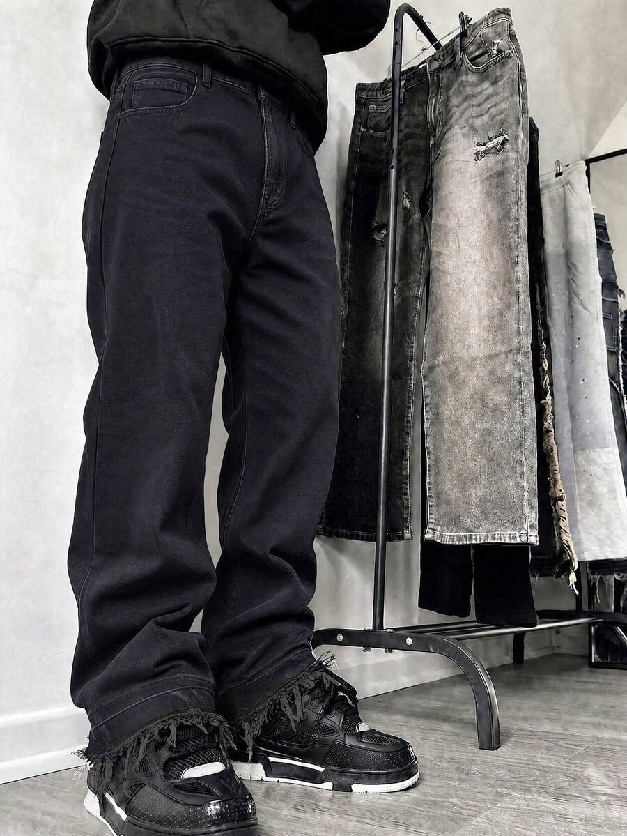 Men's Loose Wide Leg Washed Distressed Denim Jeans, Street Style Casual Versatile Raw Hem Straight Leg Jeans, All Season Wear - Black - View 1