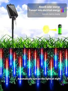 Solar Meteor Shower Lights LED Outdoor Waterproof, 45cm 288 LED/30cm 192 LED Fairy String Lights, 8-Tube Christmas Tree Hanging Lights, Suitable For Garden, Christmas, Eaves, Shop, Camping, Mall, Street, Wall, Tree, Home Decoration - Black - View 3