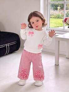 2pcs Baby Girl Sweet Cool Street Style 3D Bow Long Sleeve Sweatshirt & Denim Pants Set, Thin Spring/Autumn - White - View 1