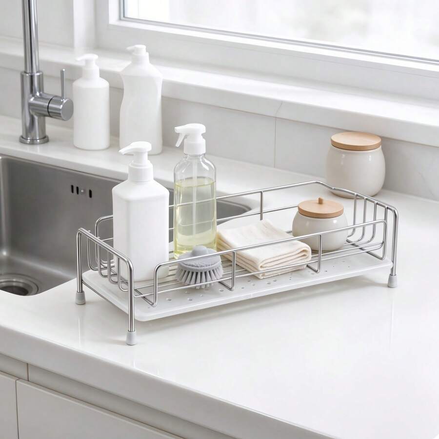 Set da 2 pezzi (Scaffale di drenaggio in acciaio inossidabile + Vassoio per l'acqua) Scaffale di stoccaggio in acciaio inossidabile per cucina, Cestello di drenaggio, Scaffale di stoccaggio per lavandino con panno e spugna, Scaffale di stoccaggio per cosmetici, Scaffale di smistamento, Scaffale per spezie da cucina. Scaffale di stoccaggio multifunzionale di piccole dimensioni.