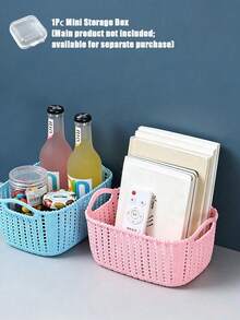 1pc Minimalist Aesthetic Macaron Color Plastic Rectangular Woven Texture Open Storage Basket, Double Handle Stackable Snack Storage Box, Kitchen Bathroom Closet Desktop Cosmetic Sundries Organizer Box, Daily Use - Multicolor - View 6
