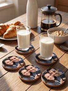 Personalized Photo Coasters With Laser-Cut Dark Edges & Suitable For Drinks, Wood Table Protectors - Picture Drink Coaster Holders For, Parties, Gifts, Photo Puzzles For Every Guest - Brown - View 4