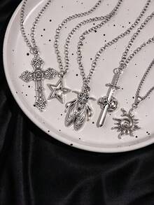 5pcs Y2K Gothic Vintage Metal Distressed Multi-Element Insect Sword Starburst Sunflower Pendant Layered Necklace Set For Men Dark Streetwear Daily Outfit - Silver - View 4