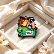 Funny Raccoon Dumpster Fire Enamel Pin, "Could Be Worse" Slogan Brooch, Cartoon Animal Badge For Backpack Hat Clothing Decor, Humorous Gift - Multicolor - View 3