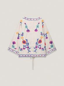 CAREE Women's Autumn/Winter White Floral Embroidered Lace-Up Front 3/4 Sleeve Open Front Loose Fit Jacket - Multicolor - View 2