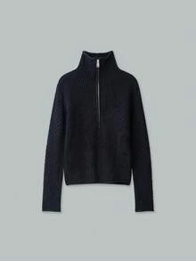ACKCER Women's Autumn/Winter Half-Zip Stand Collar Wavy Textured Chunky Knit Long Sleeve Drop Shoulder Loose Pullover Sweater - Navy Blue - View 2