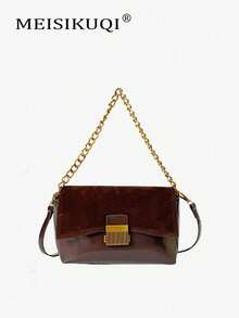 Retro Color-Blocked Snap Clasp Square Bag With Premium Thick Chain Shoulder Bag, Minimalist Cross-Body Bag, Versatile And Easy To Match. - Coffee - View 1