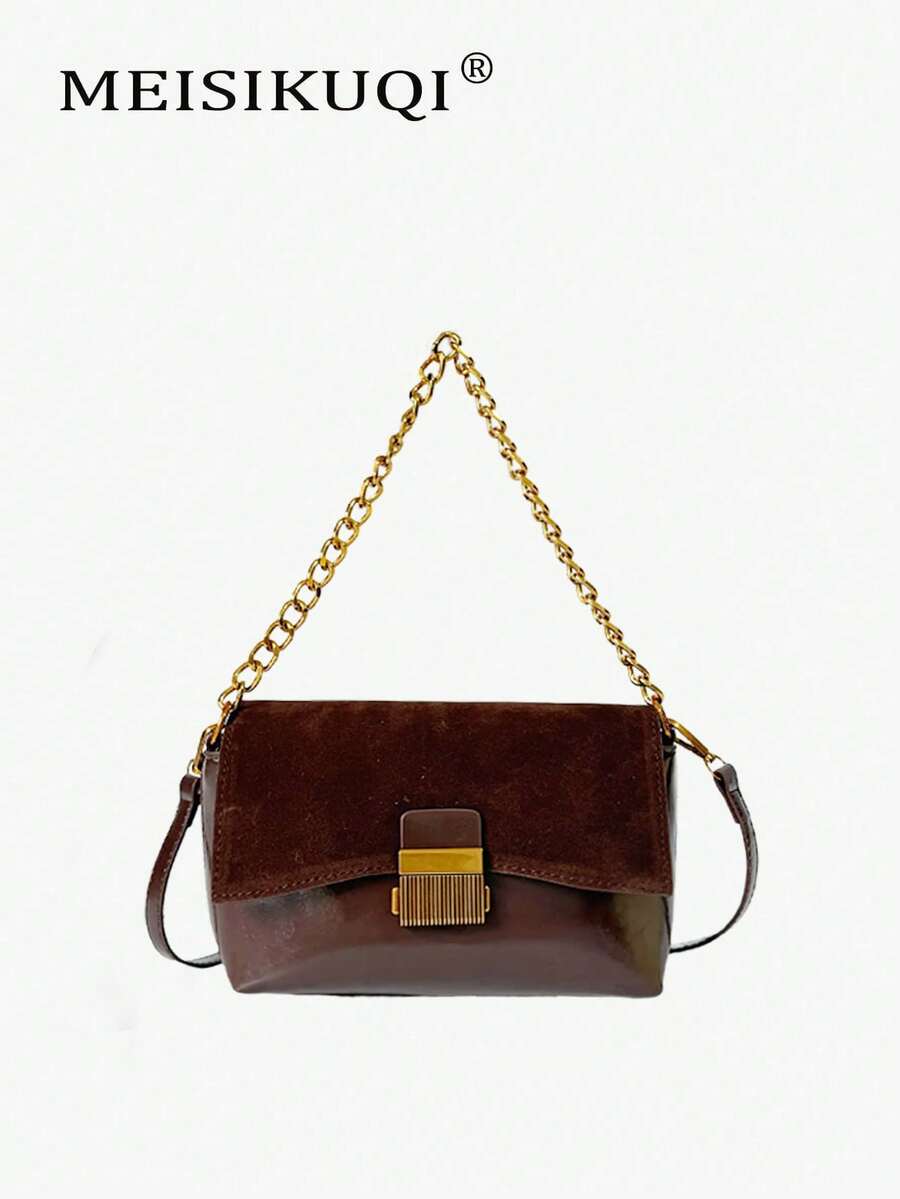 Retro Color-Blocked Snap Clasp Square Bag With Premium Thick Chain Shoulder Bag, Minimalist Cross-Body Bag, Versatile And Easy To Match. - Coffee - View 1