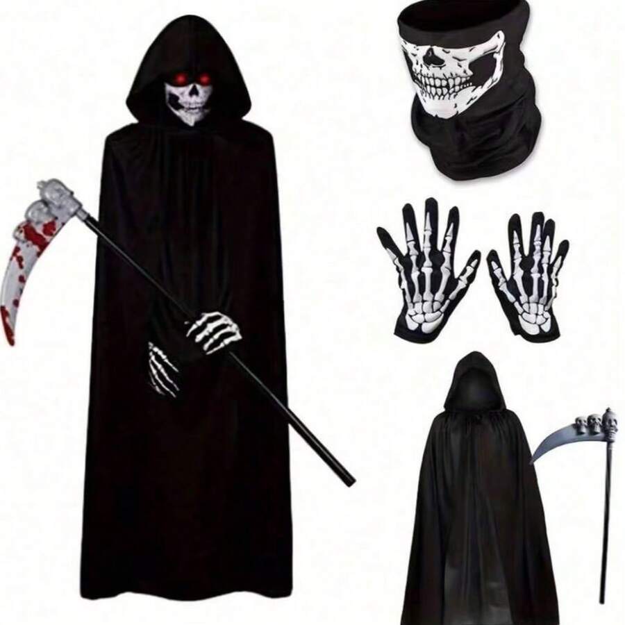 1pc Cloak/4pcs Halloween Adult Grim Reaper Costume Accessories, Including Mask, Gloves And Scythe - Multicolor - View 1