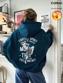 Autumn Winter Back Printed With Boxing Figure Pattern And English Text FIGHTING SPIRIT ART OF FIGHTING MONTH FULL CONTACT Y2K - Cow Blue - View 2