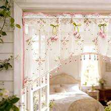 1pc French Romantic Floral Embroidered Arch Window Curtain, Pink Tulip Decorative Beaded Short Curtain, Rod Pocket Short Sheer Curtain, Pastoral Translucent Kitchen Bay Window Decorative Small Curtain - Baby Pink - View 6