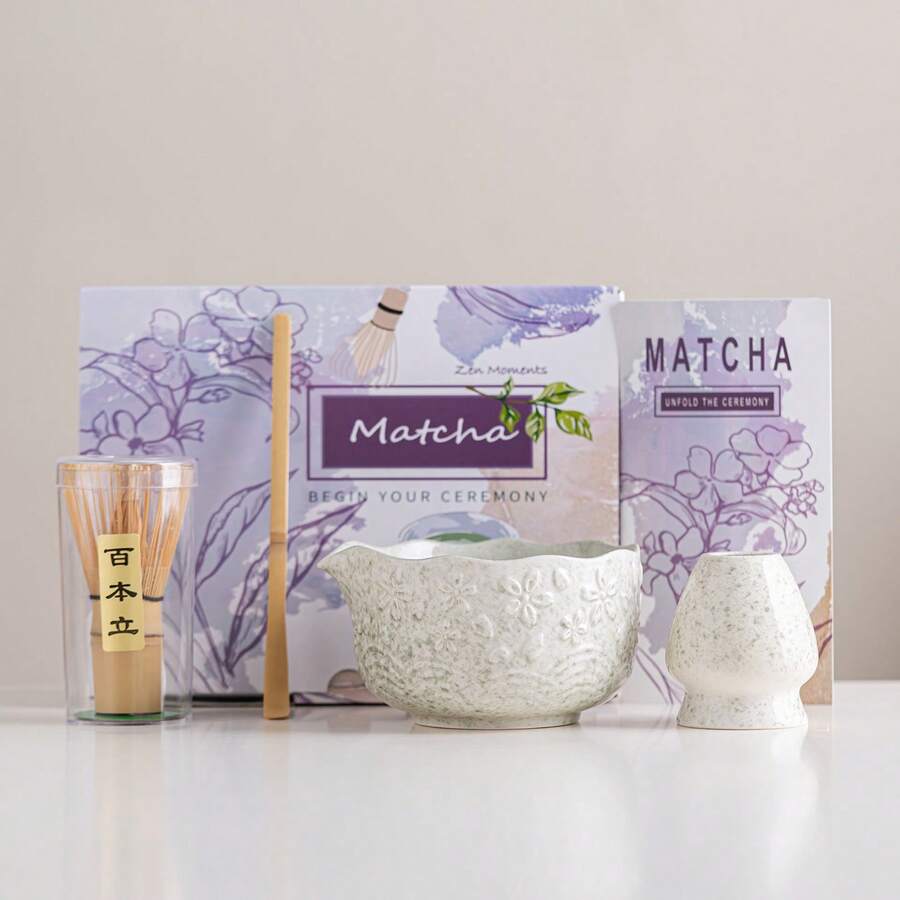 Highly Attractive Ceramic Matcha Bowl Tea Set With Embossed Wave And Cherry Blossom Design, Spout Bowl - Multicolor - View 1