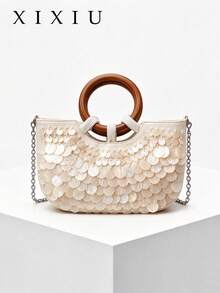 Shell Decor Tote Bag, Linen Base, Detachable Chain Strap, Elegant Evening And Beach Bag For Women - Apricot - View 3