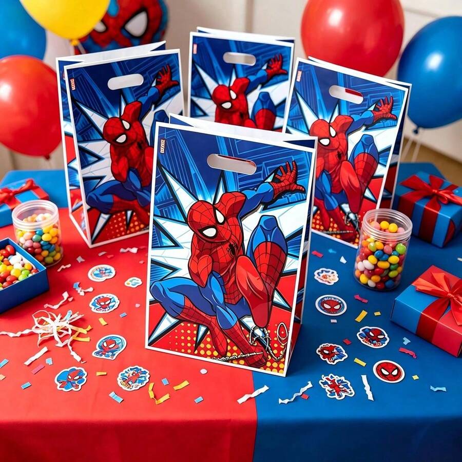 1set/10pcs Hero Theme Printed Plastic Gift Bags With Handles, Reusable Gift Bags For Candy, Sweets, Small Party Favors, Decorative Packaging, Perfect For Birthday Theme Parties, Family Celebrations, Event Giveaways, Party Gift Bag Fillers - Multicolor - View 1