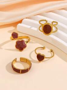 4pcs Stainless Steel 18K Gold Plated Geometric Bamboo, Heart, Flower, Oval Black White Red Drip Oil Open Ring Set. Minimalist Niche Design Suitable For Women's Daily Wear. - Multicolor - View 8
