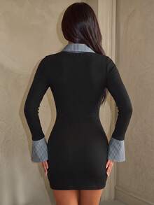 Women's Early Autumn Striped Patchwork Black V-Neck 2-In-1 Knit Dress, With Waist Patchwork Design Elegant - Black - View 2